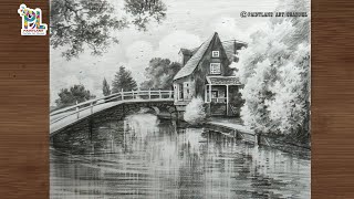 How to draw house at bridge in landscape art step by step pencil art || Drawing tutorial