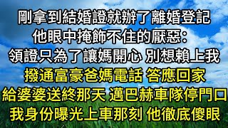 剛拿到結婚證就辦了離婚登記，他眼中掩飾不住的厭惡：領證只為了讓媽開心 別想賴上我，撥通富豪爸媽電話 答應回家，給婆婆送終那天 邁巴赫車隊停門口，我身份曝光上車那刻 他徹底傻眼