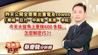 中視【價值型投資】20240712 #蔡慶龍：昨天公開全面賣出重電及cowos( 華城•亞力• 中興電•萬潤• 辛耘)今天大盤馬上重挫600 多點... 怎麼那麼巧？！ #摩爾證券投顧