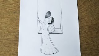 How to Draw a Beautiful Traditional Girl on Swing || Girl Drawing || Traditional Girl with saree