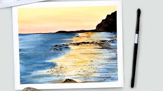 Watercolor BEACH, SEA and SUNSET step by step painting tutorial - easy for beginners