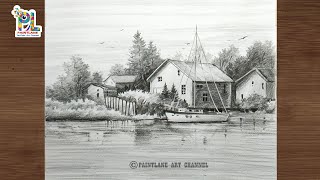 Drawing house in a scenery art with a sailboat step by step pencil art || Very easy pencil shading