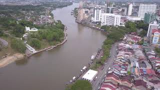 Aerial Flyover of the Kuching City Centre, New Museum, Waterfront, Main Bazaar and DUN