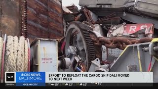 Efforts to refloat cargo ship from Key Bridge collapse site delayed