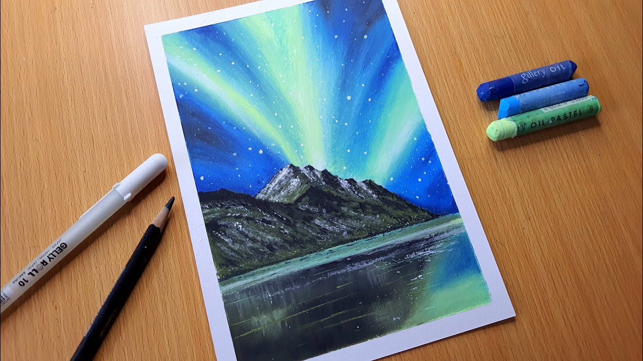 Simple Oil Pastel Northern Lights Painting For Beginners Night Sky