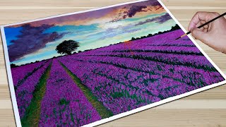 Beautiful Lavender Field Painting / sunrise sky over a lavender field / Easy Acrylic Painting
