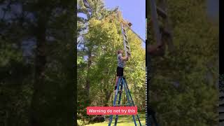 Guy Balances Ladder on Chin While Standing Atop Another Ladder - 1127268