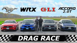 Mustang EcoBoost vs Subaru WRX vs Volkswagen GLI vs Honda Accord // DRAG & ROLL RACE