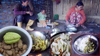 manjita's cooking chayote \u0026 Potato for her family in her shed || shepherd life  @manjitacooking