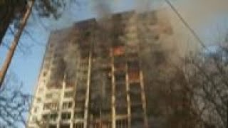 Flames engulf Kyiv building hit by strike