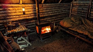 Warm and Cozy Tiny Bushcraft Cabin with Wood Stove – Winter Camping in Rain
