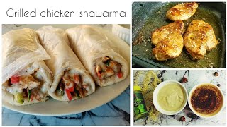 Grilled chicken shawarma with 2 special white and red sauces | arabic shawarma | shawarma bread