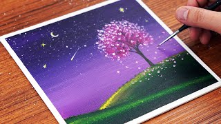 アクリル絵の具で【紫色の空と桜の風景】を描く方法 | アクリル画アート | ASMR