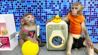 Bim Bim and Baby Monkey Obi obedient helps dad wash clothes