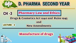 Manufacture of drugs | CH-3 | L-2 | Drugs & Cosmetics Act 1940 and Rule 1945 | D.Pharm second year