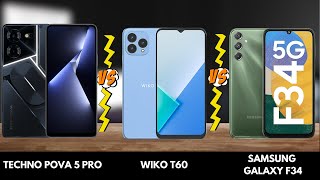 Techo Pova 5 Pro VS Wiko T60 VS Samsung Galaxy F34 | Animated Comparison | Full Comparison