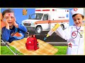 Kid DOCTOR saves brother with ToY medical kit and power wheels AMBULANCE rescue vehicle| Super Krew