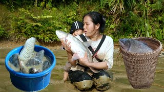 Full video 150 episodes, single mother and baby - catching giant fish in abandoned pond