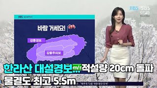 한라산 대설경보...적설량 20cm 돌파, 물결도 최고 5.5m