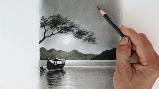 Pencil drawing of a nightmode landscape with a boat.