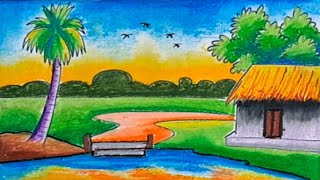 Beautiful village nature drawing|| Oilpastel Drawing ||