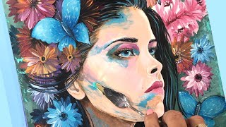 How to Paint with Acrylic / Idea to draw beautiful woman with flowers
