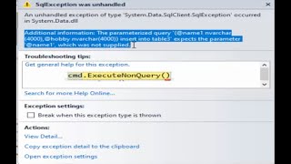 Visual Basic .Net Solve error expects the parameter which was not supplied in SQL server Database .
