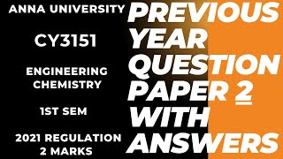 cy3151|ENGINEERING CHEMISTRY|ANNA UNIVERSITY|Previous year (APRIL/MAY)2024 question paper \u0026 answer