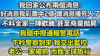 我回家公布兩個消息：好消息我彩票中2億 壞消息撞死人了，不料全家一陣歡騰 甚至商量拋屍，我暗中撥通報警電話，下秒警察到來 我交出監控，老公一家被抓 而我全球旅行#圍爐夜話 #人生感悟 #讀書 #正能量