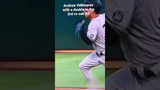 Yankees SS Andrew Velazquez with a double in the 3rd vs Oak A’s off the wall insane hit