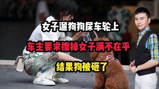 女子遛狗狗尿车轮上，车主要求擦掉，女子蛮不在乎，结果狗被砸了