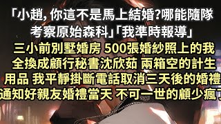 「小趙，你這不是馬上結婚？哪能隨隊考察原始森科」「我準時報導」三小前別墅婚房 500張婚紗照上的我全被換成是沈欣茹，兩箱空的計生用品，我平靜取消三天後的婚禮 通知好親友，婚禮當天 不可一世的顧少瘋了