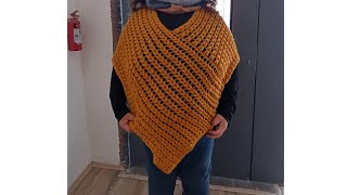 Poncho Mostaza Tejido A Crochet Con Un Rectángulo, Varias Tallas