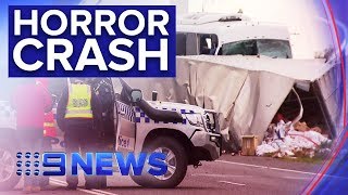 Bus driver killed, passengers injured after truck trailer detaches on highway | Nine News Australia