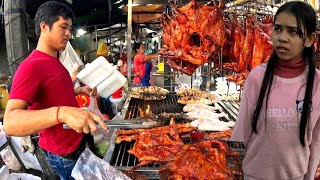 Cambodia Street Food | Hardworking guy selling roasted duck, pork rips, fish \u0026 Pigs intestine