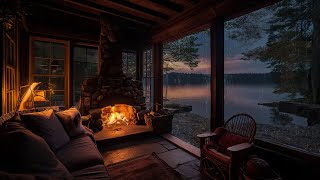 Cozy Rain on Lakeside Ambient with Gentle Rain falling and Relaxing Fireplace to Meditation & Sleep