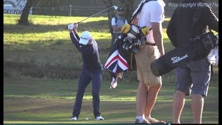 Justin Rose Golf Swing mid-Iron into upslope (FO view), Sky Sports British Masters, October 2018.