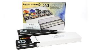 DANIEL SMITH 24 HAND POURED WATERCOLOR HALF PAN SET IN METAL BOX | Unboxing and Swatching