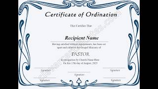 Editable Certificate of Ordination for Pastors