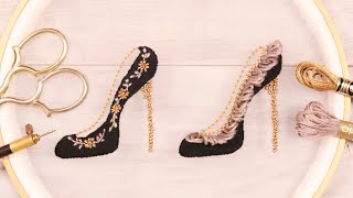 Black high heel embroidery completed with easy embroidery stitch