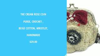 Andrea Designs - THE CREAM ROSE COIN PURSE, CROCHET , BEIGE COTTON, WRISTLET, HANDMADE