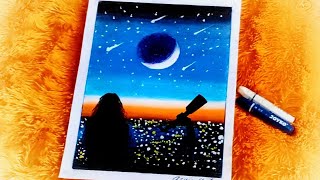 OIL PASTEL DRAWING FOR BEGINNERS || GALAXY AND METEOR DRAWING