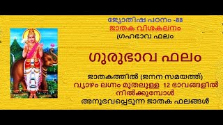 ജ്യോതിഷപഠനം-88: ഗുരു ഭാവഫലം:- വ്യാഴം ലഗ്നംമുതൽ 12 ഭാവങ്ങളിൽ നിൽക്കുമ്പോൾ ജനിക്കുന്നവരുടെ ജാതകഫലങ്ങൾ