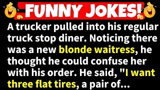 🤣FUNNY JOKES!🤣A trucker pulled into his regular diner, and tries to confuse the new blonde waitress