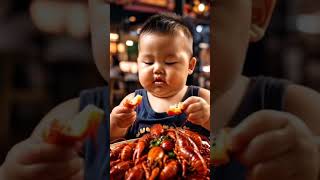 Cute baby eating the shrimp.