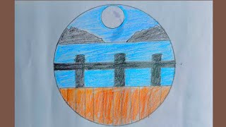How to draw Moonlight Scenery with Crayons | Moonlight drawing with Circle