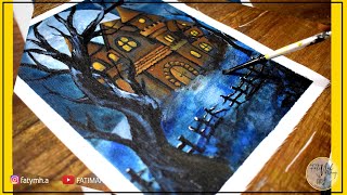 How To Draw A Haunted House With Acrylic Colors Halloween House Painting