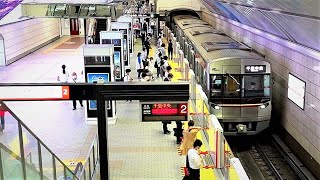 大阪メトロ御堂筋線/梅田駅2番線千里中央方面ホーム上から定点観測　朝ラッシュ時間帯2分3分間隔で次々と到着発車　2021/06/24　07:02～08:02ノーカット【1080p60】【字幕】