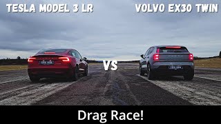2024 Volvo EX30 Twin Motor Performance 428hp vs 2024 Tesla Model 3 Long Range 390+hp | Drag Race |4K