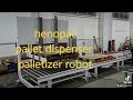 pallet dispenser palletizer robot stacking position and pallet wrapper